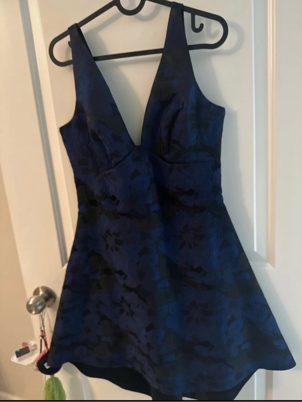 Badgley Mischka Navy and Black Floral V-Neck Fit & Flare Dress